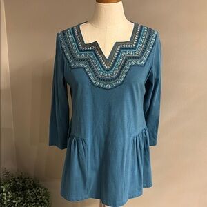 LOGO Lori Goldstein Teal Embroidered neckline Women's Top tunic western relax S